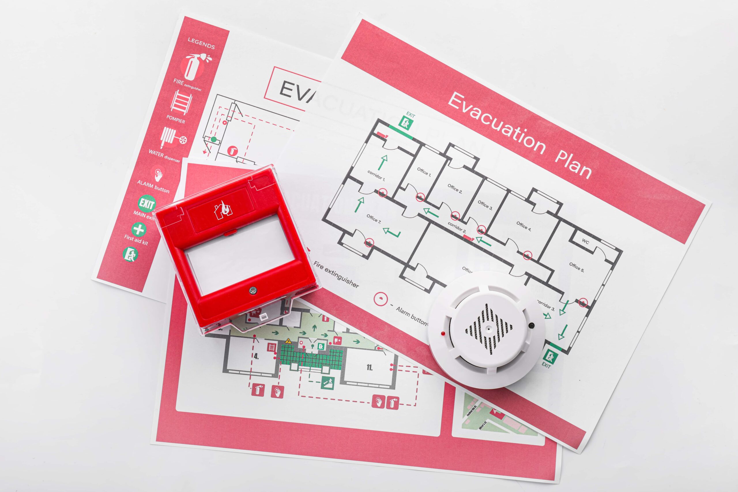 Evacuation plans, smoke detector and manual call Fire protection plan